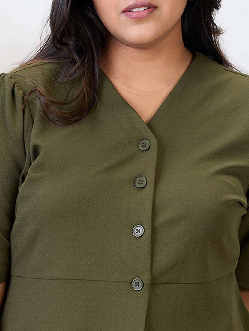 globus gloplus women olive v-neck puff sleeves solid plus size top & trousers workwear co-ord set - 21954895 -  Standard Image - 5