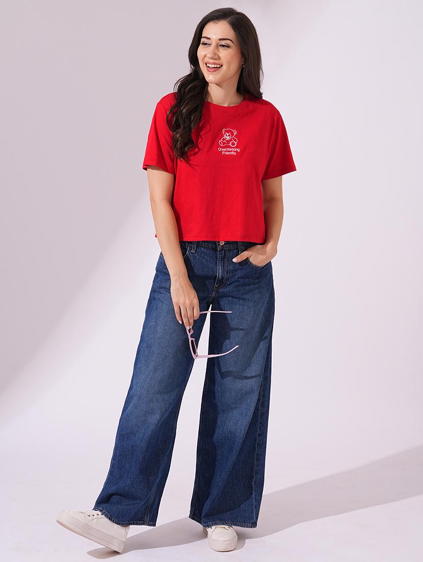 globus women red round neck short sleeves graphic print oversized t-shirt - 21954899 - Standard Image - 3