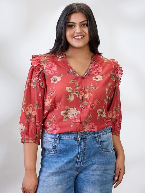 globus gloplus women red v-neck puff sleeves floral print ruffle detail plus size shirt - 21954900 - Standard Image - 0