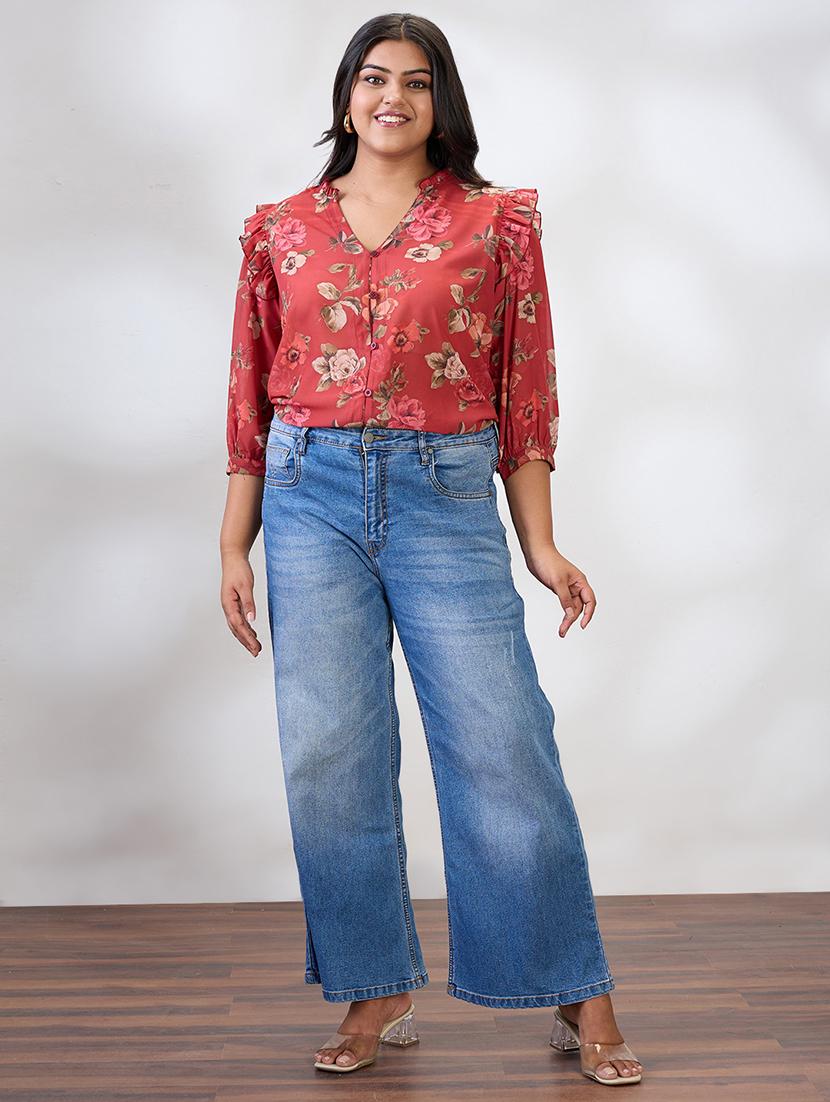 globus gloplus women red v-neck puff sleeves floral print ruffle detail plus size shirt - 21954900 - Standard Image - 3