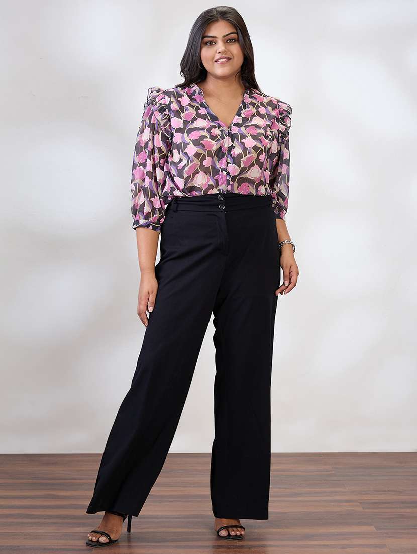 globus gloplus women black v-neck puff sleeves floral print ruffle detail plus size shirt - 21954901 -  Standard Image - 3