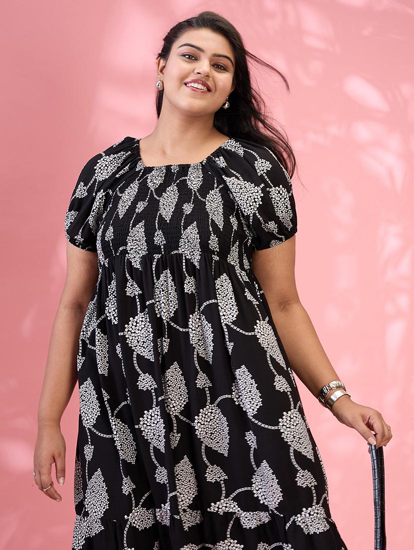 globus gloplus women black square neck puff sleeves floral print smocked tiered plus size fit & flare midi dress - 21954905 - Standard Image - 3