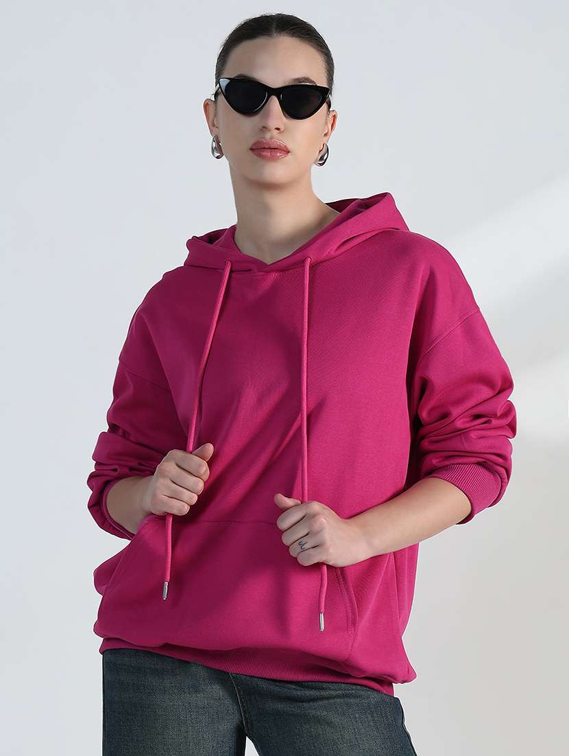 women solid long sleeve loose fit hooded sweatshirt