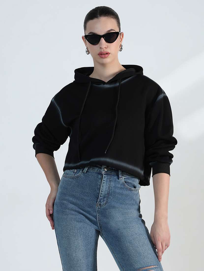 women solid long sleeve cropped hooded sweatshirt