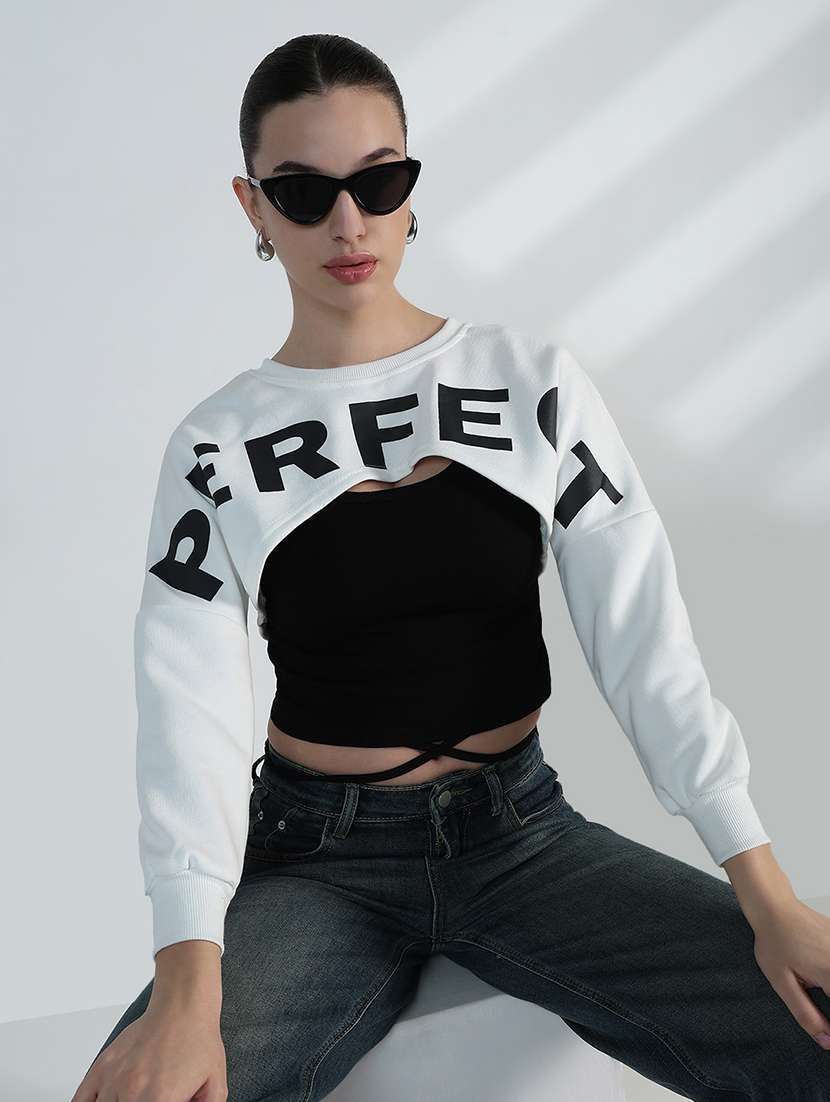 women printed long sleeve crop sweatshirt with tank top