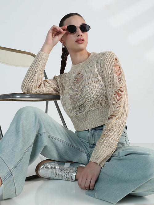 women distressed long sleeve crop pullover - 21955826 - Standard Image - 0