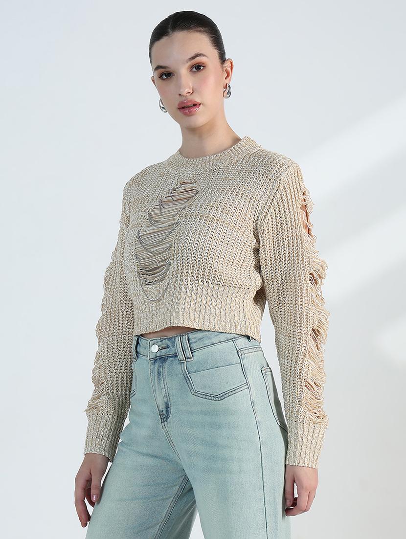 women distressed long sleeve crop pullover - 21955826 - Standard Image - 3