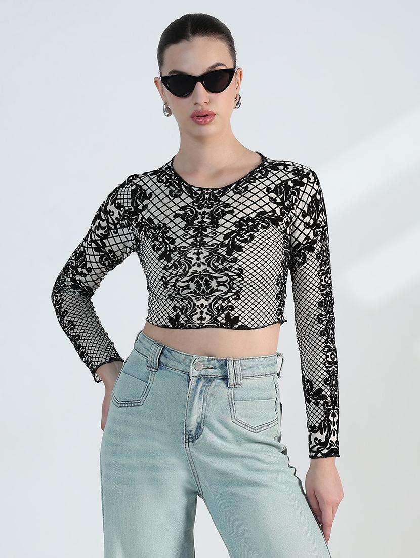 women printed long sleeve crop top