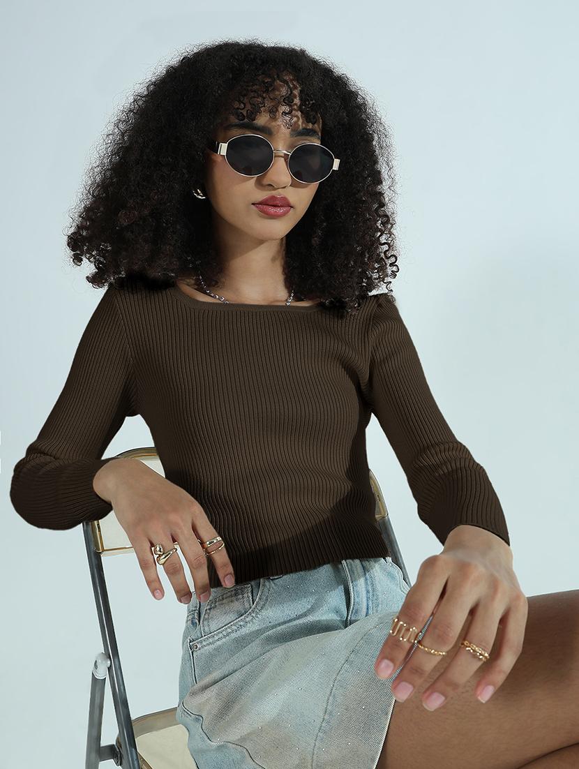women solid long sleeve crop top - 21955841 - Zoom Image - 0