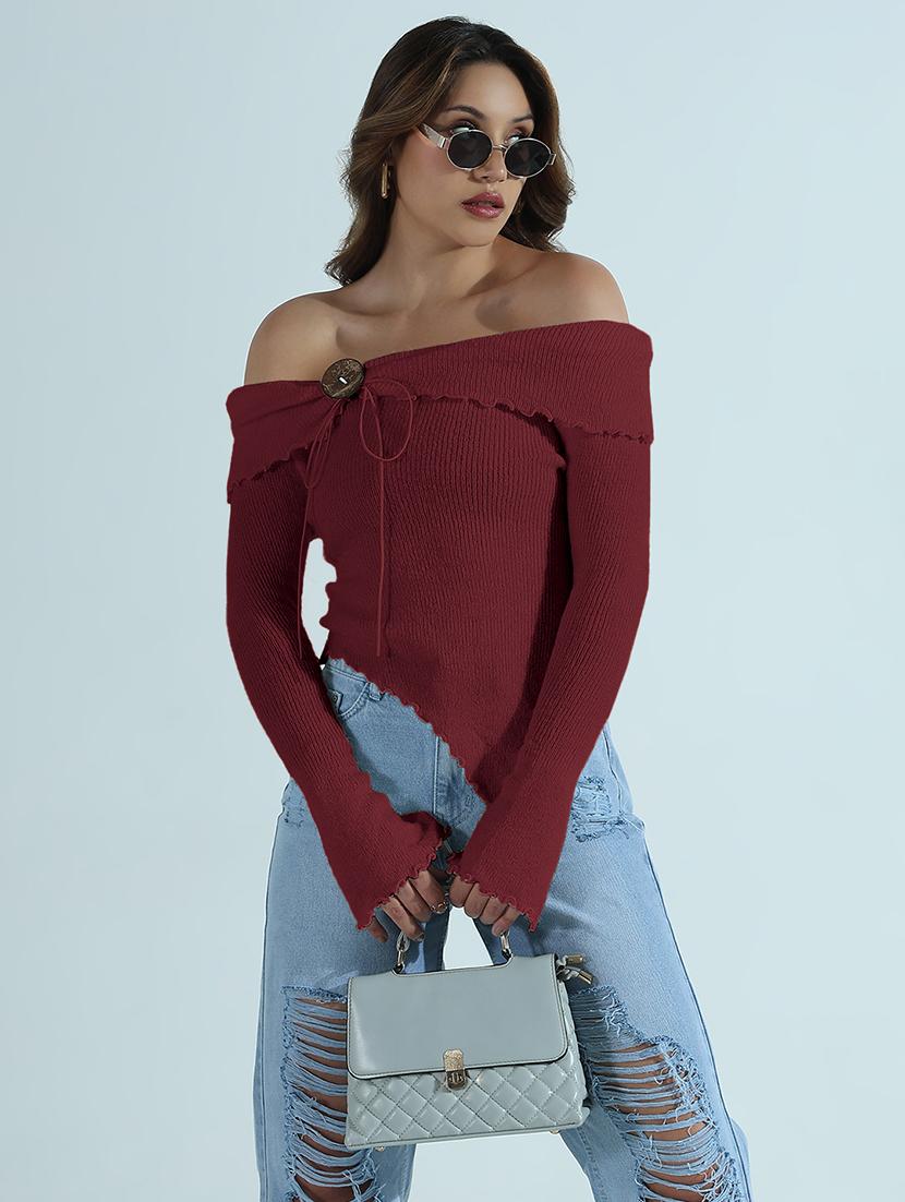 women solid off shoulder asymmetric top - 21955844 -  Zoom Image - 0