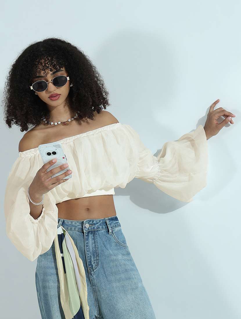 women solid off shoulder long sleeve crop top - 21955846 -  Zoom Image - 0