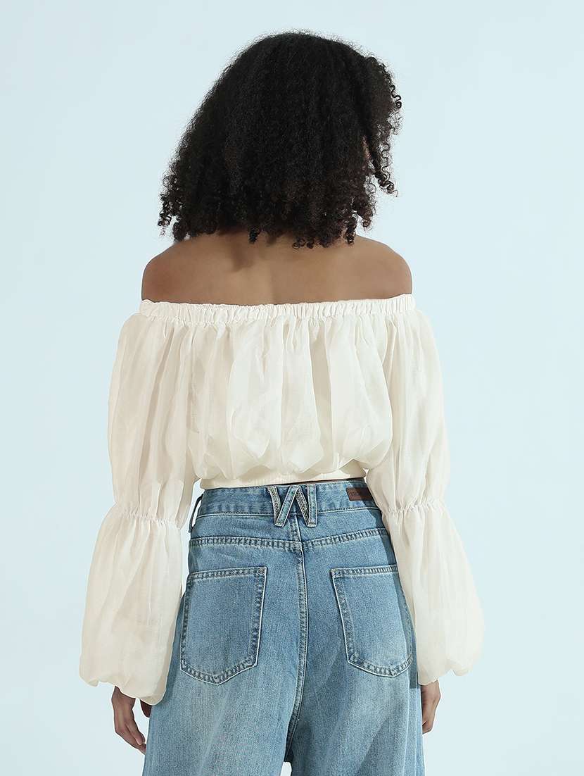 women solid off shoulder long sleeve crop top - 21955846 - Standard Image - 3