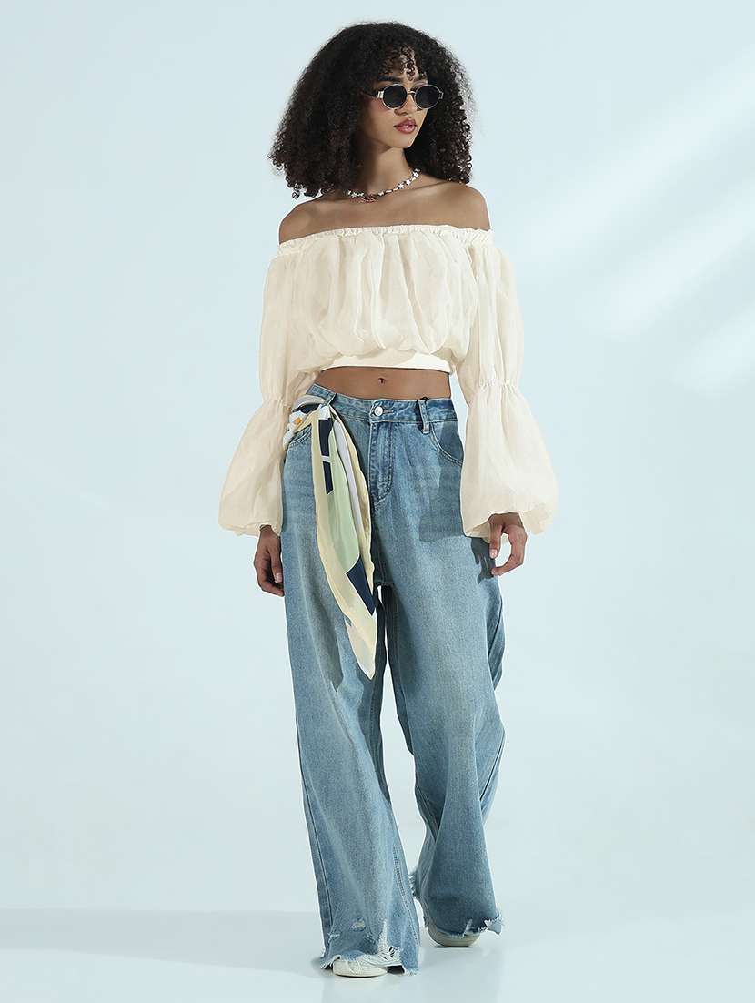 women solid off shoulder long sleeve crop top - 21955846 - Standard Image - 5