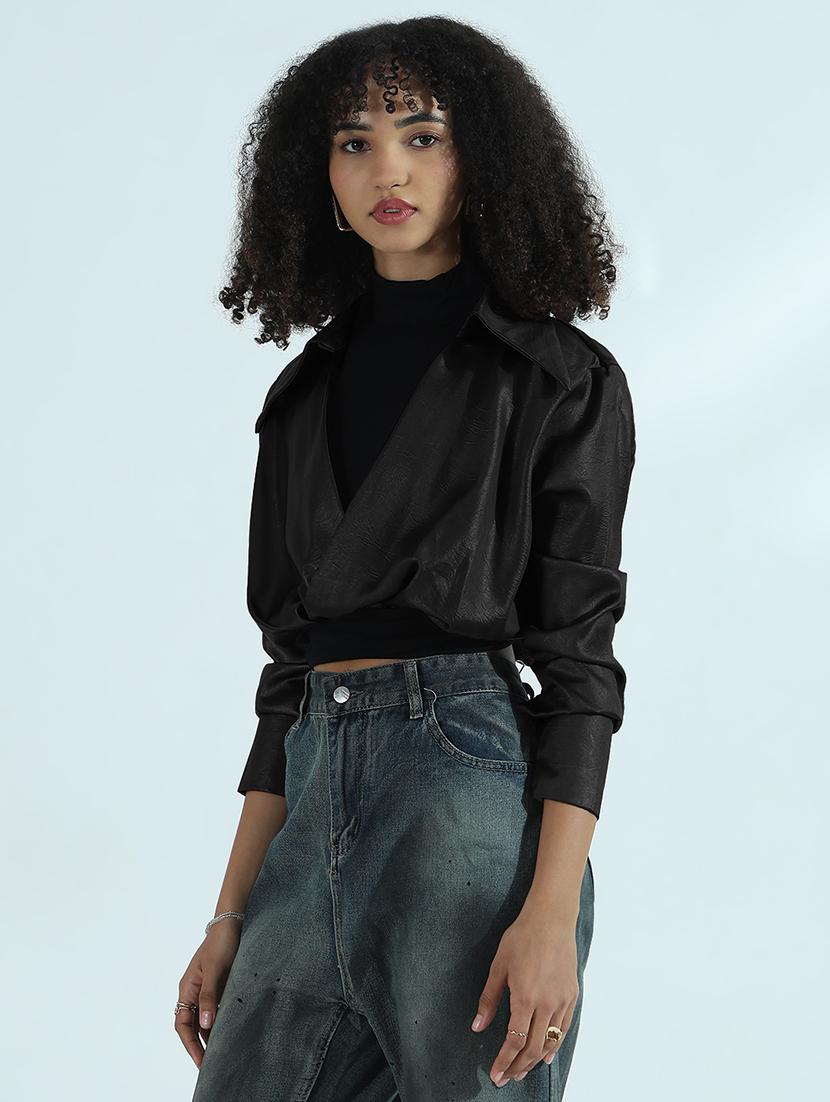 women black faux leather shirt style crop top - 21955849 - Standard Image - 3