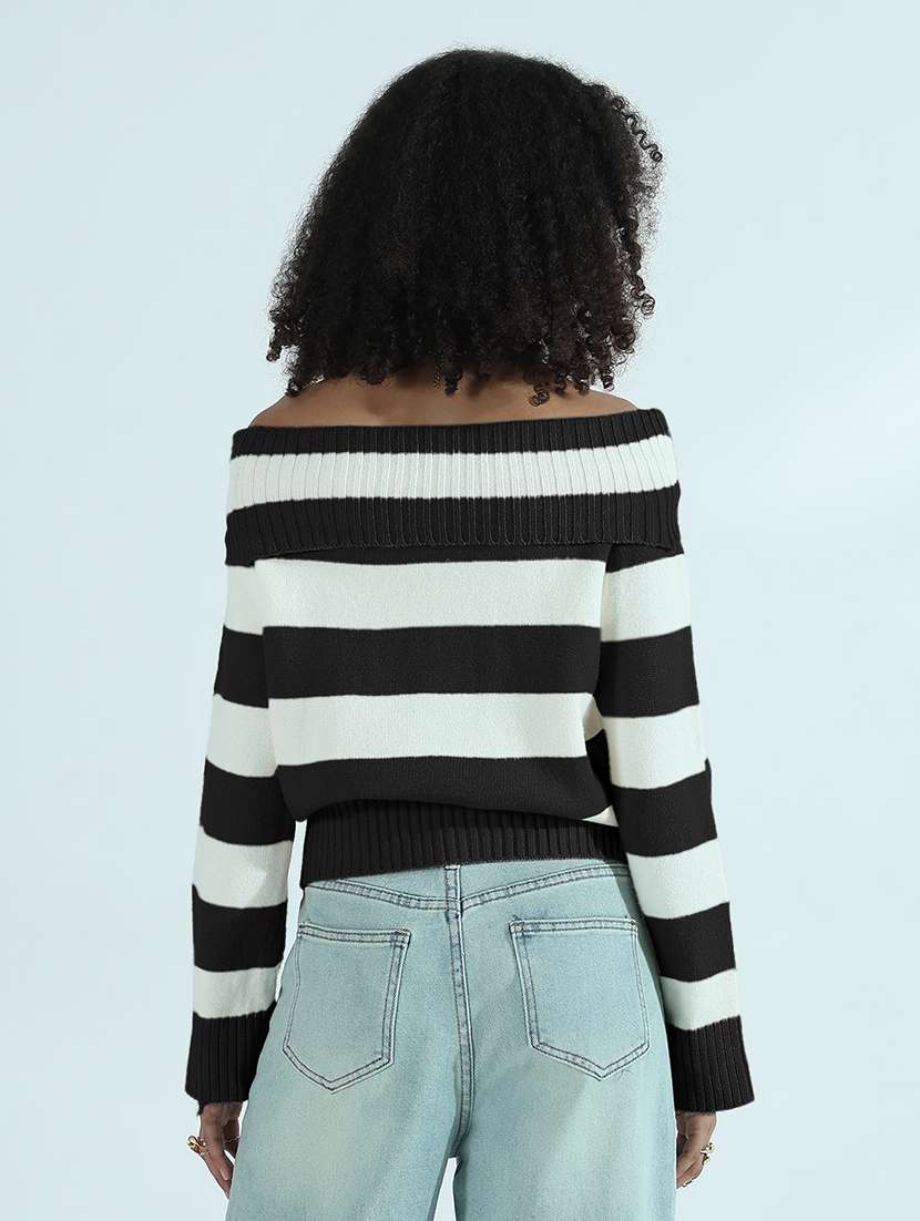 women striped off shoulder long sleeve pullover - 21955852 - Standard Image - 3