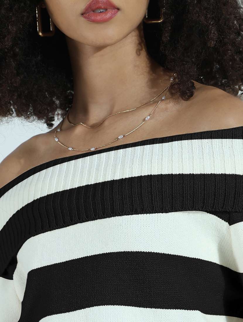 Women Striped Off Shoulder Long Sleeve Pullover