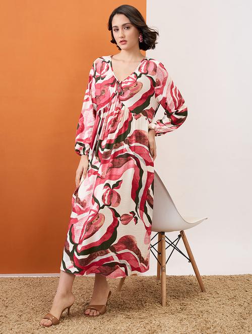 globus women multi colour v-neck bishop sleeves abstract print tie-up detail gathered a-line midi dress - 21955862 - Standard Image - 0