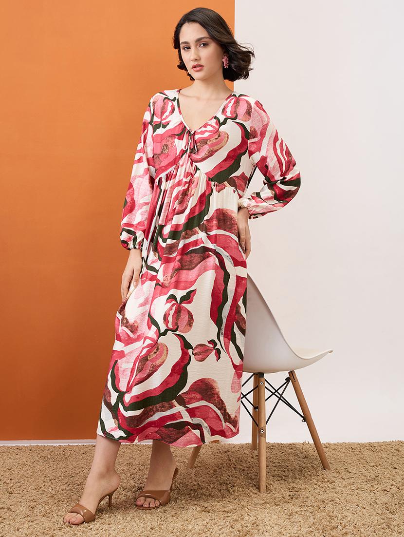 globus women multi colour v-neck bishop sleeves abstract print tie-up detail gathered a-line midi dress - 21955862 - Zoom Image - 0