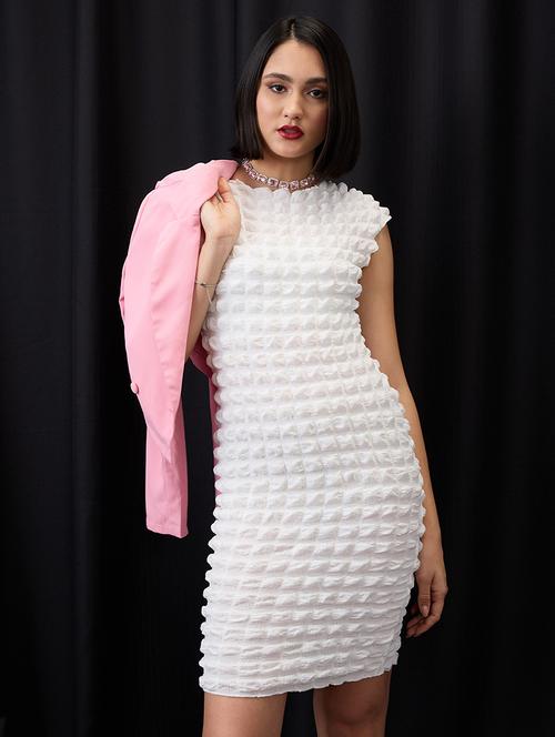 globus women white round neck extended sleeves hyper textured mini bodycon dress - 21955866 - Standard Image - 0