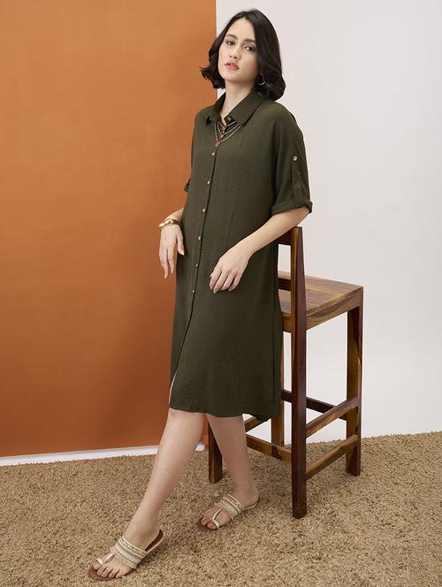 globus women olive solid collared neck roll-up sleeves curved hem midi shirt dress - 21955869 - Standard Image - 0