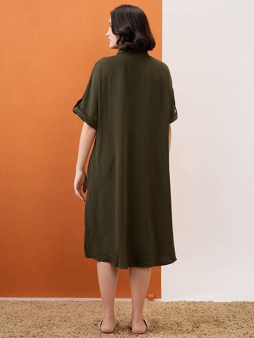 globus women olive solid collared neck roll-up sleeves curved hem midi shirt dress - 21955869 - Standard Image - 3