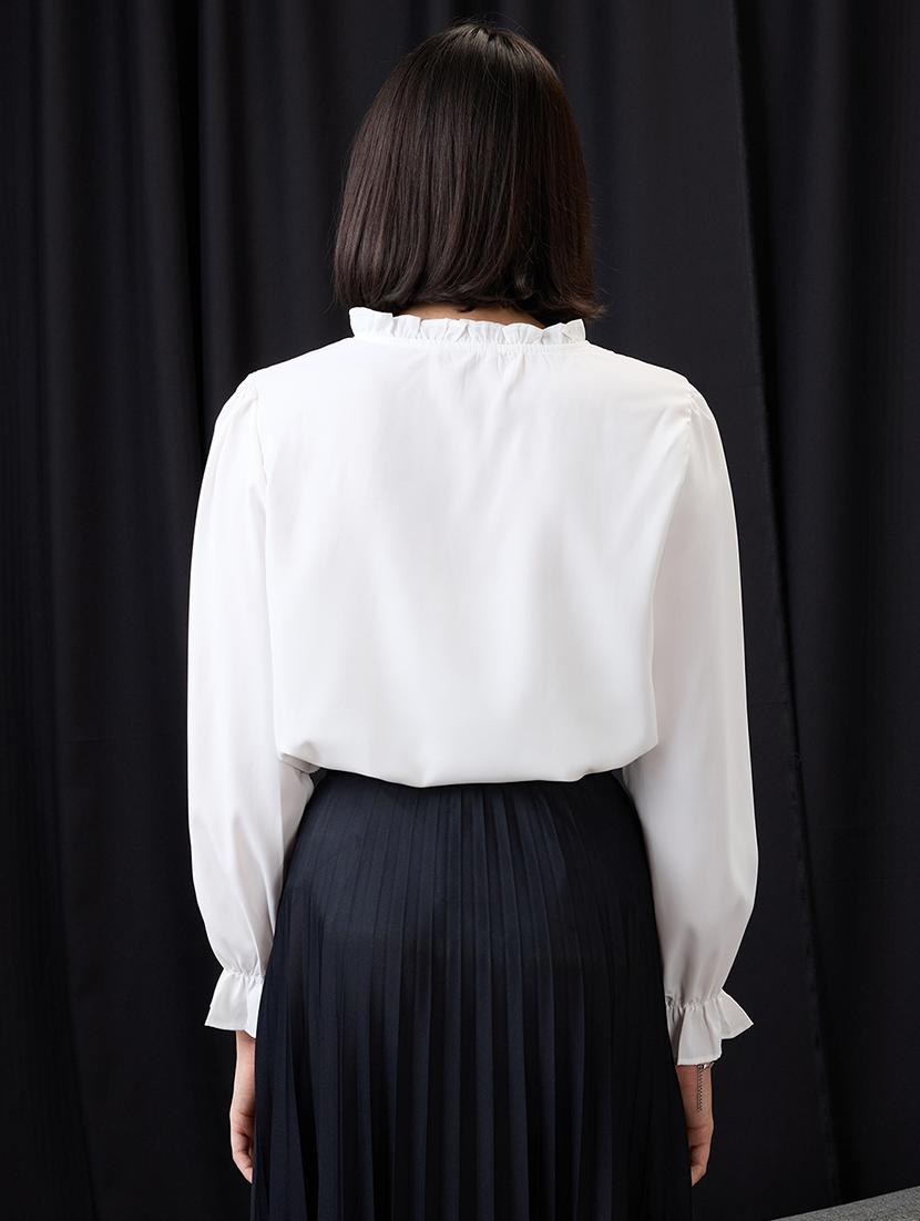 globus women white pearl detail frilled tie-up neck bishop sleeves workwear top - 21955871 - Standard Image - 3