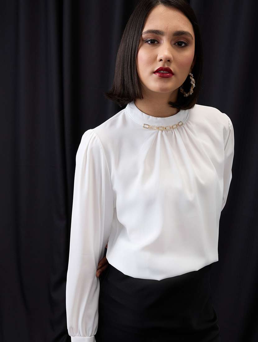 globus women white gold chain detail high neck cuffed sleeves pleated workwear top