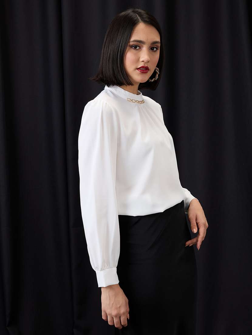 globus women white gold chain detail high neck cuffed sleeves pleated workwear top - 21955872 -  Standard Image - 3