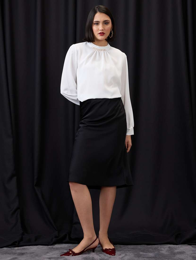 globus women white gold chain detail high neck cuffed sleeves pleated workwear top - 21955872 -  Standard Image - 5