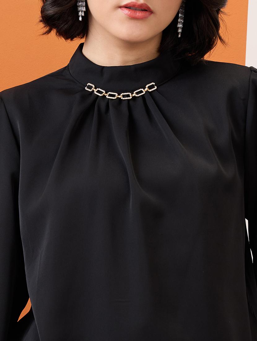 globus women black gold chain detail high neck cuffed sleeves pleated workwear top - 21955873 - Standard Image - 3