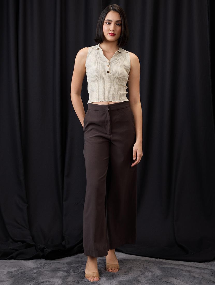 globus women beige collared halter neck gold button detail flat knit ribbed crop top - 21955876 - Standard Image - 5