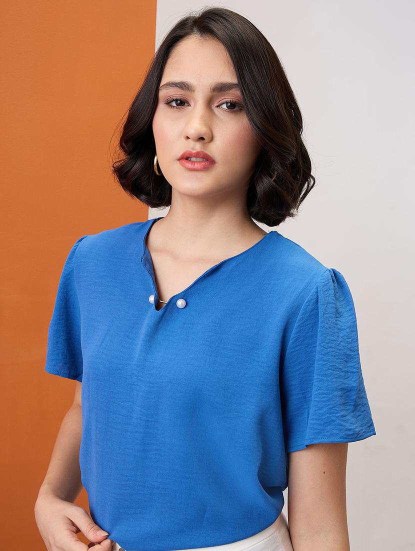 globus women blue notch neck puff sleeves solid pearl detail top - 21955878 - Standard Image - 3