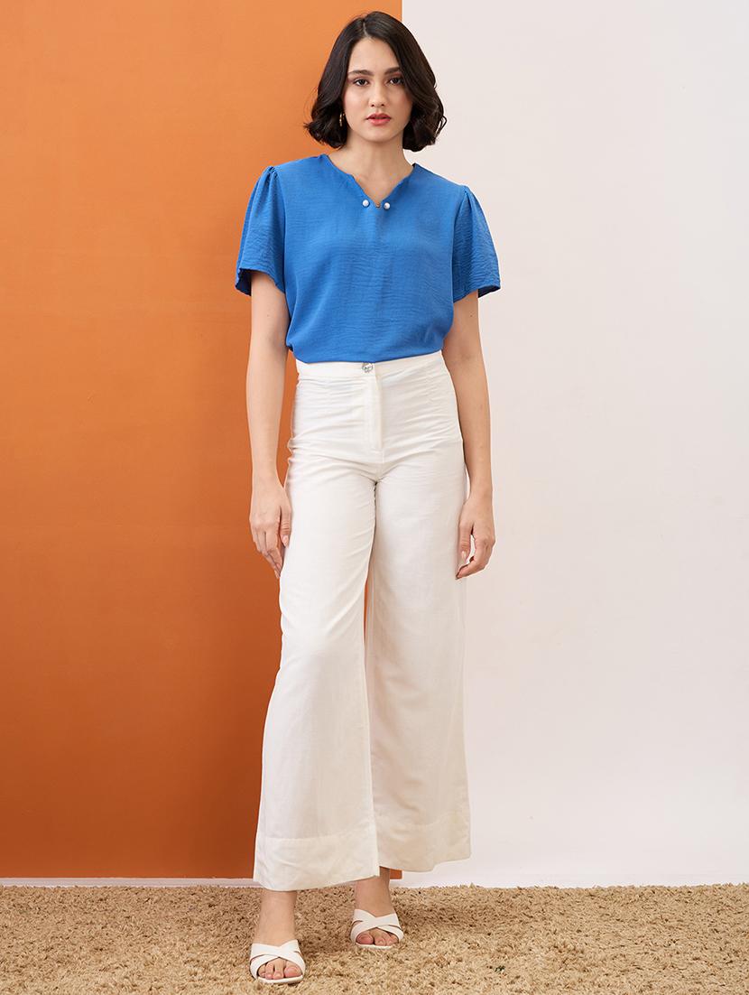 globus women blue notch neck puff sleeves solid pearl detail top - 21955878 - Standard Image - 5
