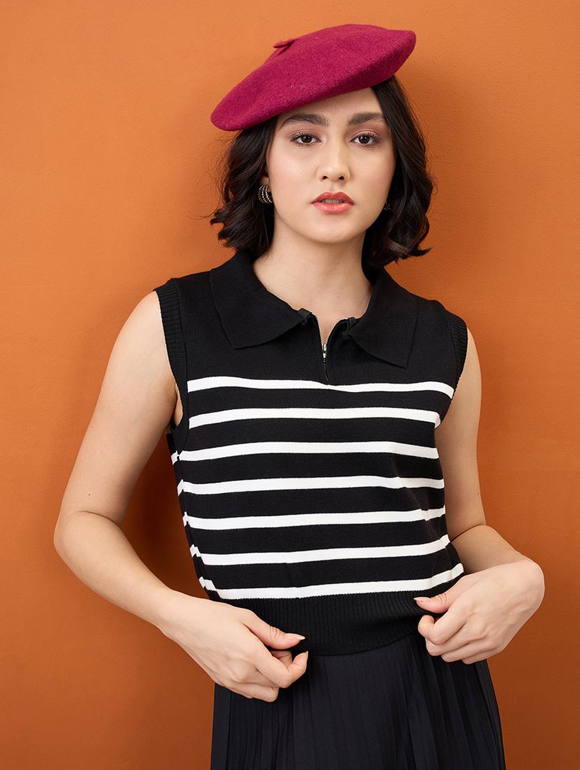 globus women black zippered shirt collar striped flat knit ribbed vest top - 21955880 - Zoom Image - 0