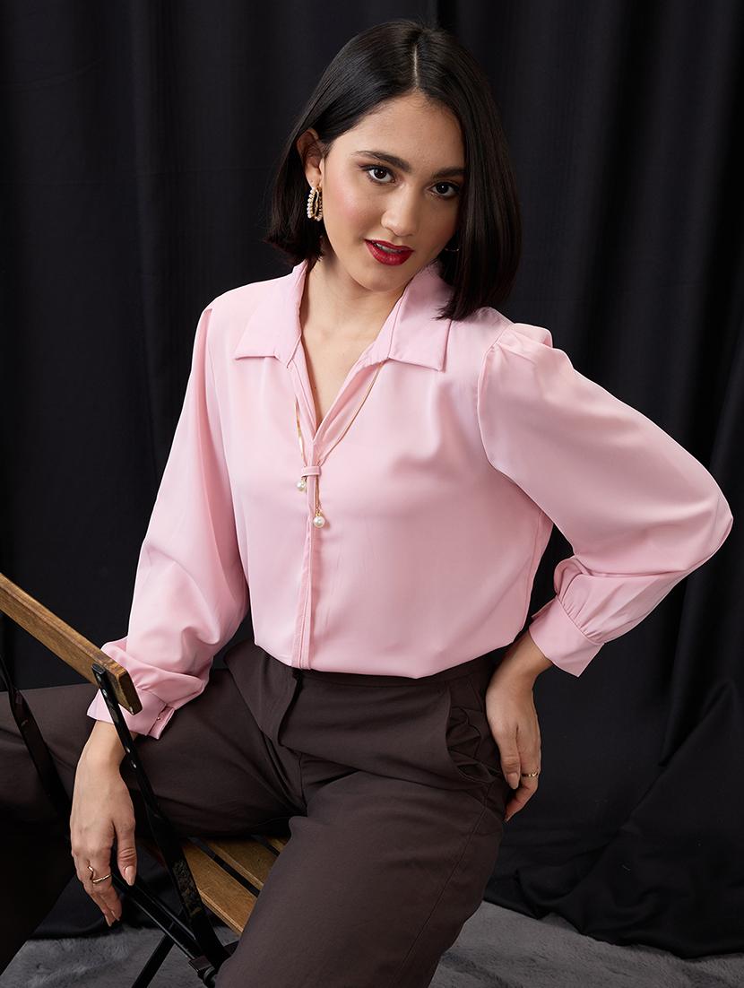 globus women pink collared neck cuffed sleeves chain & pearl detail shirt style workwear top - 21955881 -  Zoom Image - 0