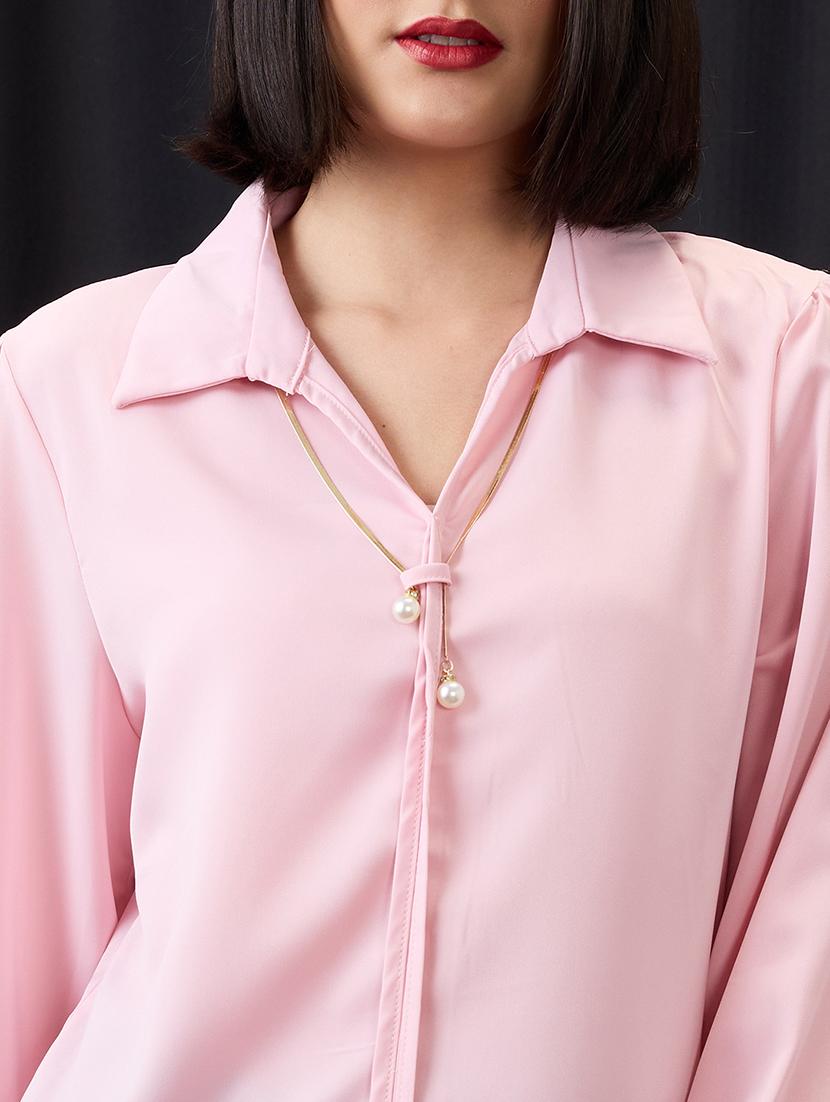 globus women pink collared neck cuffed sleeves chain & pearl detail shirt style workwear top - 21955881 - Standard Image - 3