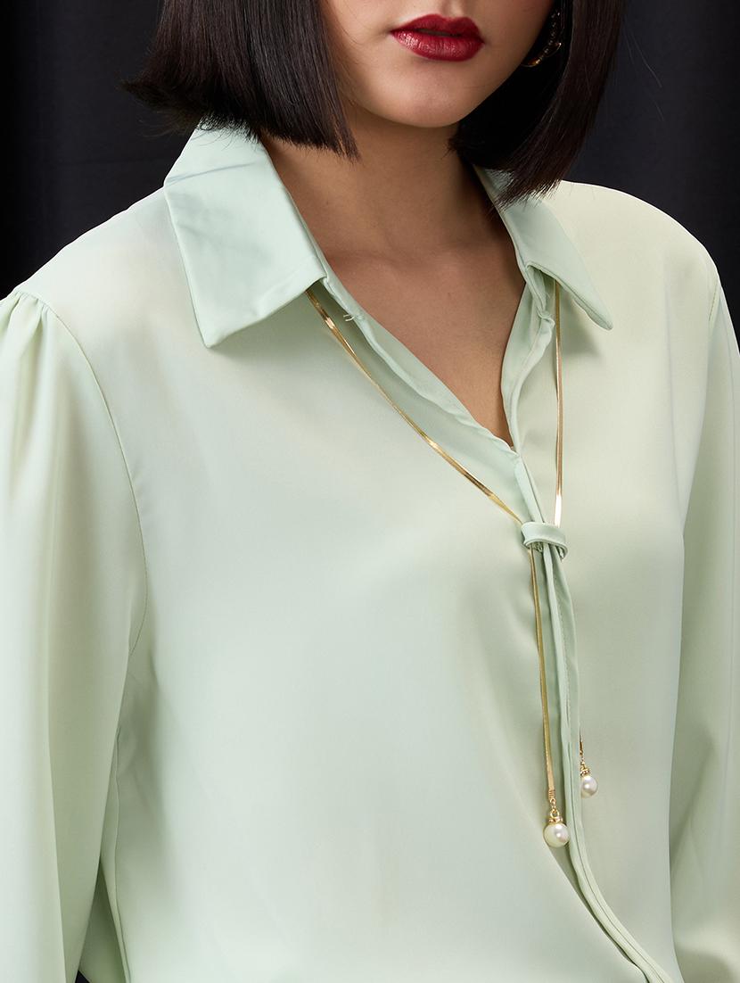 globus women green collared neck cuffed sleeves chain & pearl detail shirt style workwear top - 21955882 - Standard Image - 3