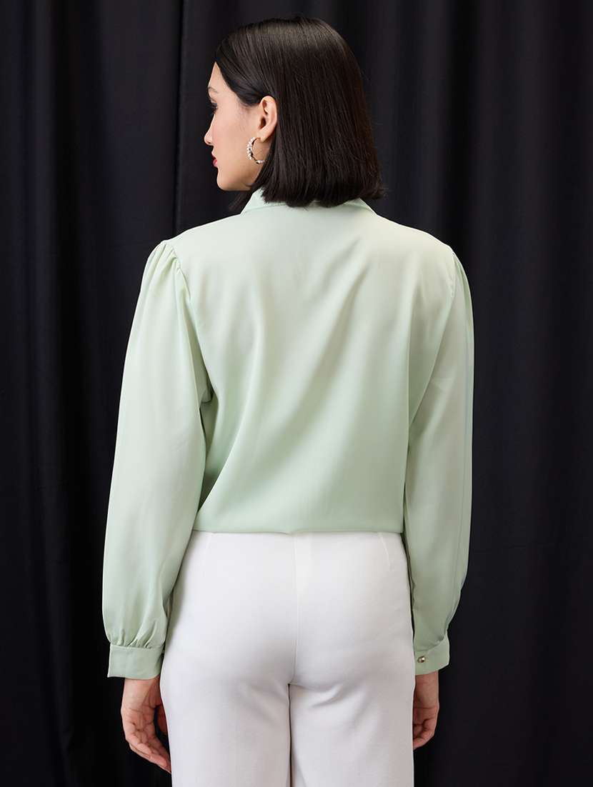 globus women green collared neck cuffed sleeves chain & pearl detail shirt style workwear top - 21955882 -  Standard Image - 3