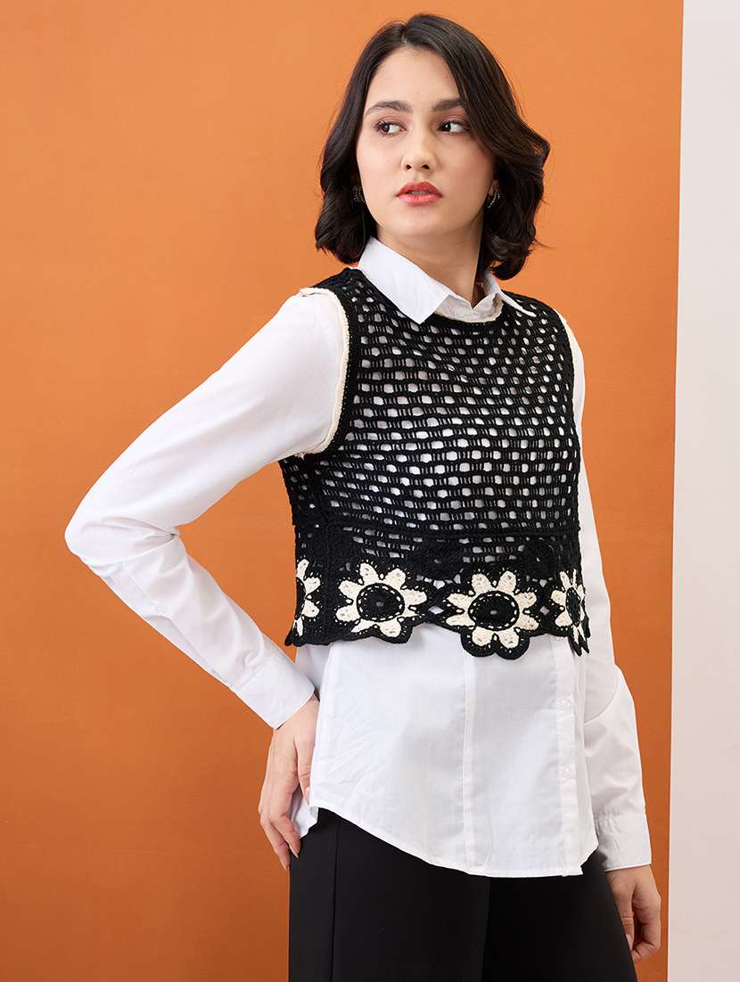 globus women black round neck floral embroidered crochet crop vest top - 21955885 -  Zoom Image - 0