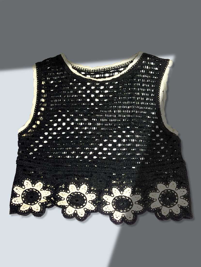 globus women black round neck floral embroidered crochet crop vest top - 21955885 -  Standard Image - 3