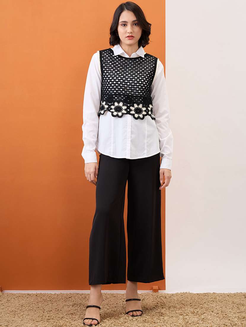 globus women black round neck floral embroidered crochet crop vest top - 21955885 -  Standard Image - 5