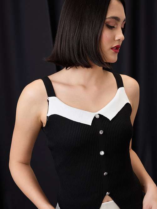 globus women black round neck strappy sleeves asymmetric hem ribbed vest top - 21955886 -  Standard Image - 0