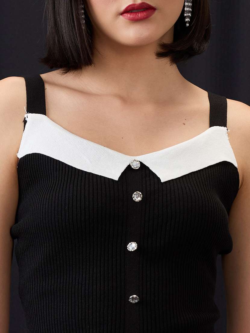 globus women black round neck strappy sleeves asymmetric hem ribbed vest top - 21955886 -  Standard Image - 3