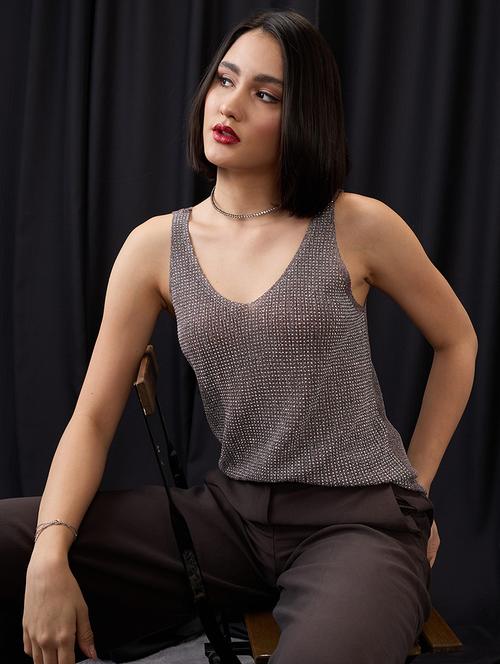 globus women beige solid rhinestone embellished v-neck party tank top - 21955888 -  Standard Image - 0