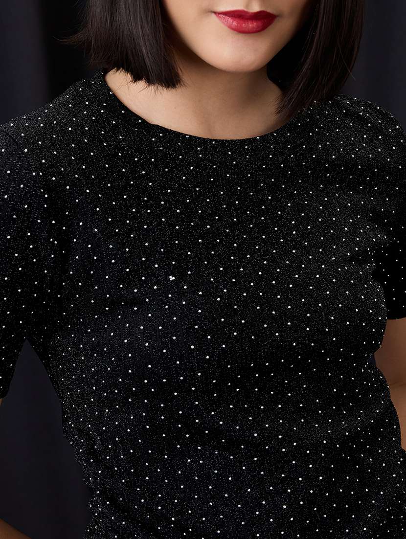 globus women black crew neck rhinestone embellished detail waist tie-up party top - 21955891 -  Standard Image - 3