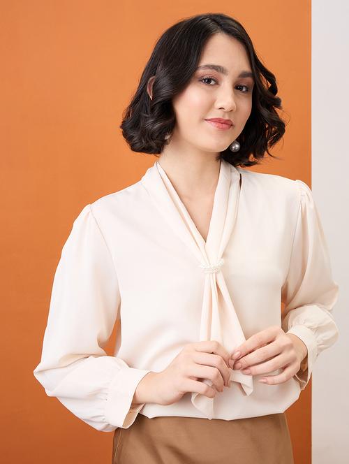 globus women beige tie-up neck cuff sleeves workwear top - 21955894 - Standard Image - 0