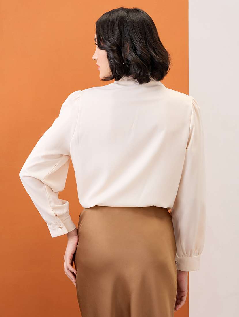 globus women beige tie-up neck cuff sleeves workwear top - 21955894 -  Standard Image - 3