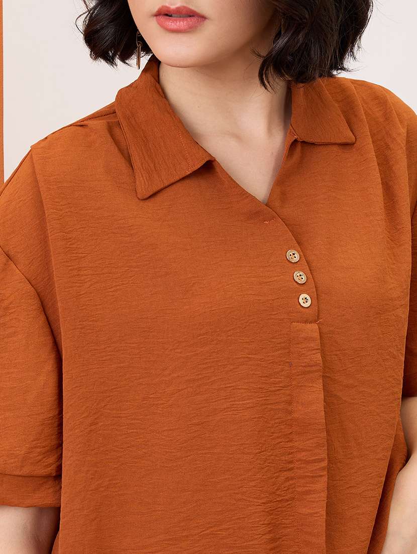 globus women brown collared neck drop-shoulder sleeves shirt style workwear top - 21955895 -  Standard Image - 3