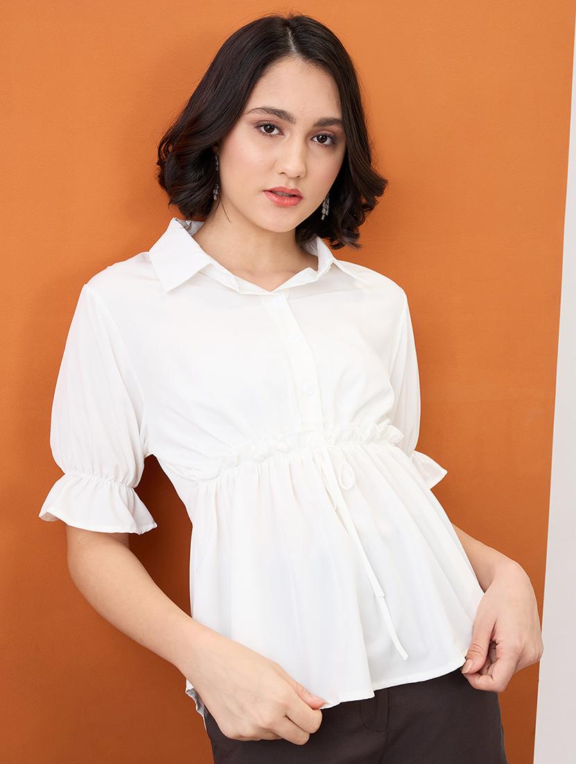 globus women white shirt collar puff sleeves solid waist tie-up workwear peplum top - 21955898 -  Zoom Image - 0