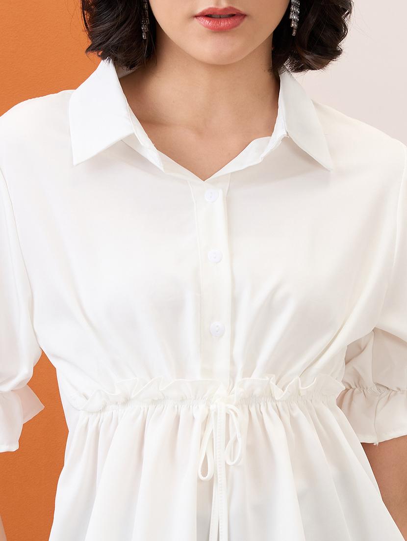 globus women white shirt collar puff sleeves solid waist tie-up workwear peplum top - 21955898 - Standard Image - 3